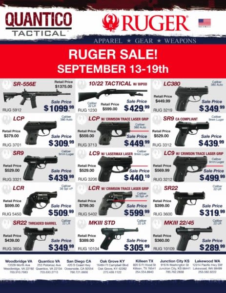 Quantico Tactical Announces End of Summer Ruger Firearms Sale