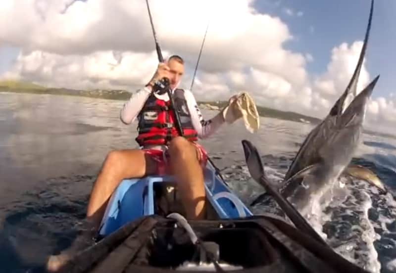 Kayak Fisherman Simultaneously Hooks Two Sailfish, Catches One with Hat