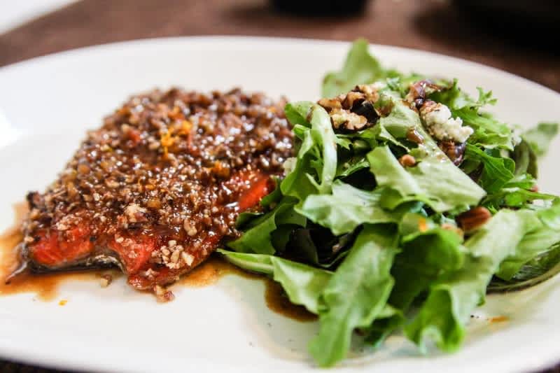 Cookin’ in Camo: Pecan-crusted Sockeye with a Bourbon-citrus Reduction