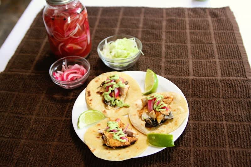 Cookin’ in Camo: Trout Tacos with Avocado-yogurt Sauce and Pickled Red Onions