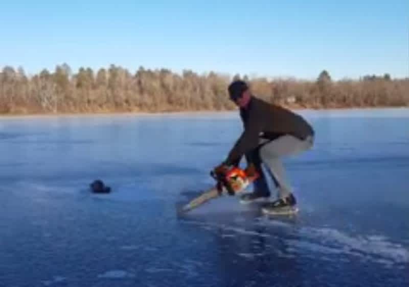 Video: Minnesota Angler Enjoys Chainsaw Ice Skating Session