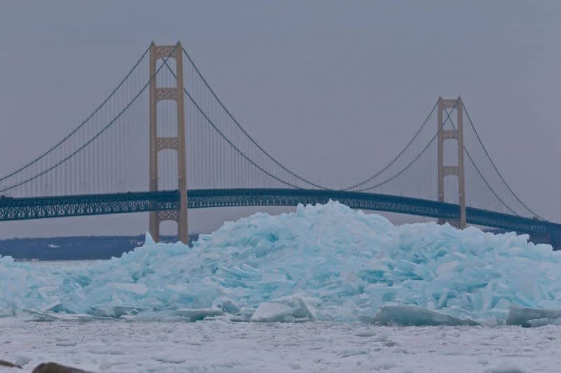 Photos: Blue Ice Piling up Near Michigan’s Mackinaw Bridge