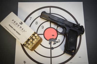 The M70A is capable of respectable accuracy as shown here with this 15-yard, 18-shot group (two magazines).