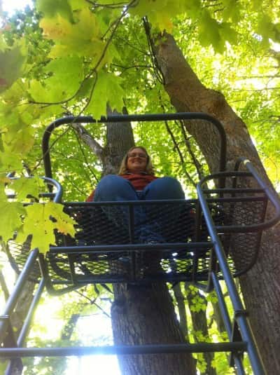 Yeah, I sent my wife up first when we were setting the stand up. She does have a safety harness on too. Never go up in a tree without one. I suggest the Scentblocker Tree Spider system.