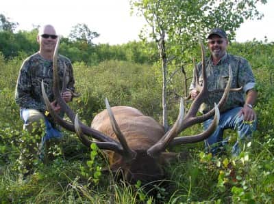 Brad Penas is all smiles after bagging this bull elk with non-hunting companion Marty Lieberg.