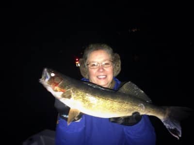 Lieutenant Governor Yvonne Prettner Solon got into the action early with this nice walleye she caught at 1:00 in the morning, only one hour into the 2014 walleye season.