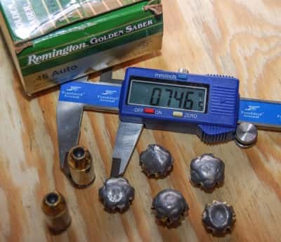 These Remington Golden Saber .45 ACP projectiles expanded to three quarters of an inch.