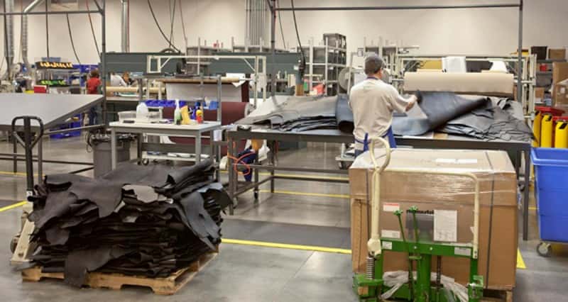 Incoming leather is inspected for thickness, tensile strength and blemishes.