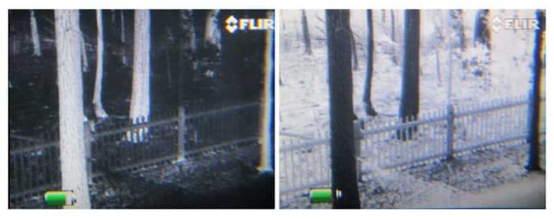 The same view using the "white hot" model on the left and the "black hot" mode on the right.