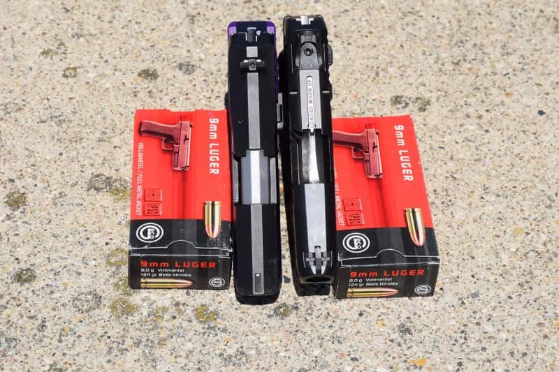An overhead comparison of the CPX-2 (left) and the LC9. The CPX-2 is just a tenth of an inch wider than the LC9, but can carry three more rounds and in the author's opinion offers a much better grip.