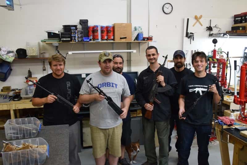 The class at the end of the night. From left to right: Rich Elliott, Scot Hoskisson, Zak, Chase, Jimmy, and the author. Monte the shop dog also hopped into the group pic.