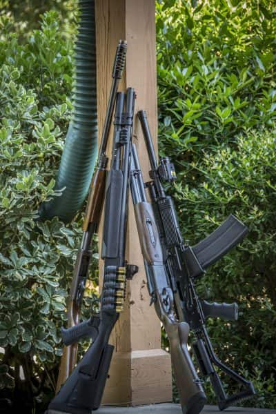 Old school meets modern, an Ithaca M37, Mossberg 930 JM PRO, Century Arms JW2000 double-barrel shotgun and a Molot Vepr 12.