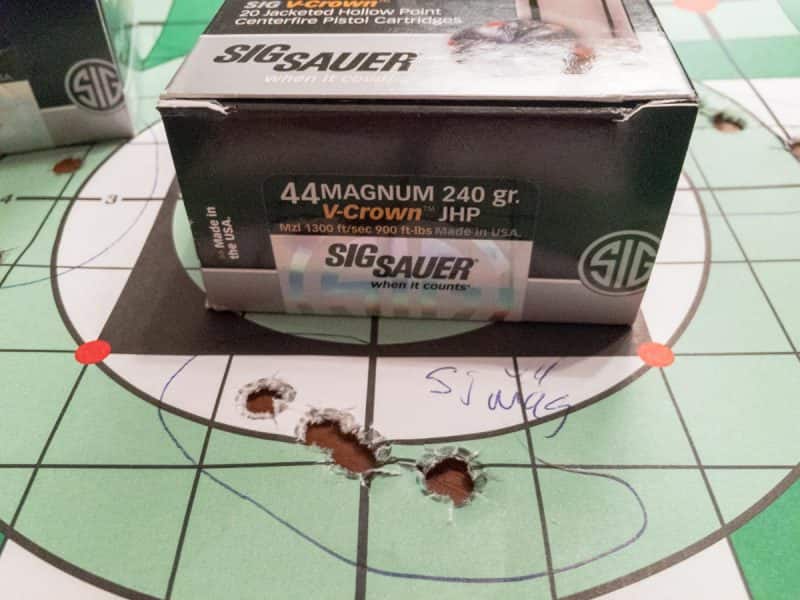 Even with my fading eyesight and iron sights, it was easy to shoot well. This Sig Sauer V-Crown .44 Magnum grouped into about an inch and a half here.