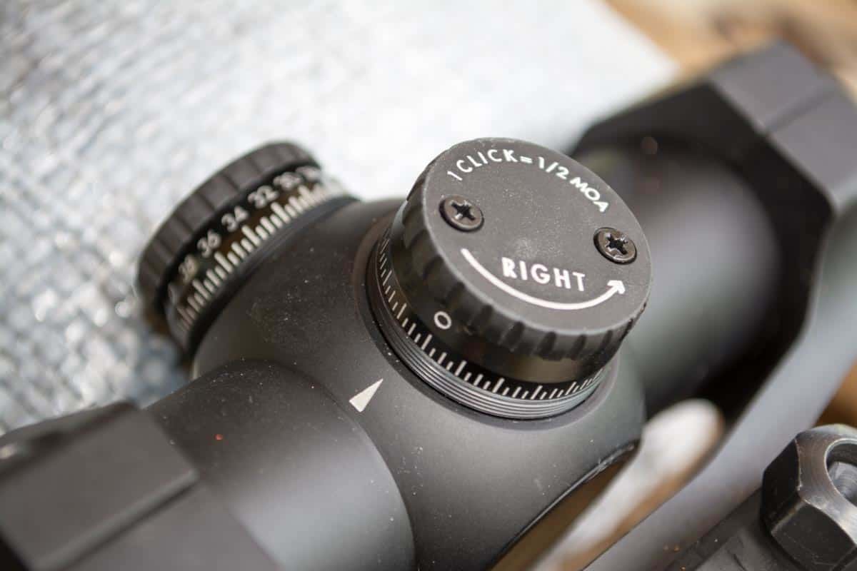 Both windage and elevation dials adjust point of impact in 1/2 MOA increments. At the 50-yard zero range, that's 1/4-inch per click.