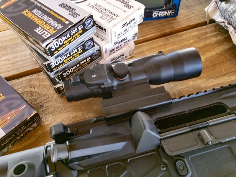 I used this Trijicon 3x30 ACOG scope that's optimized for 300 Blackout use. 